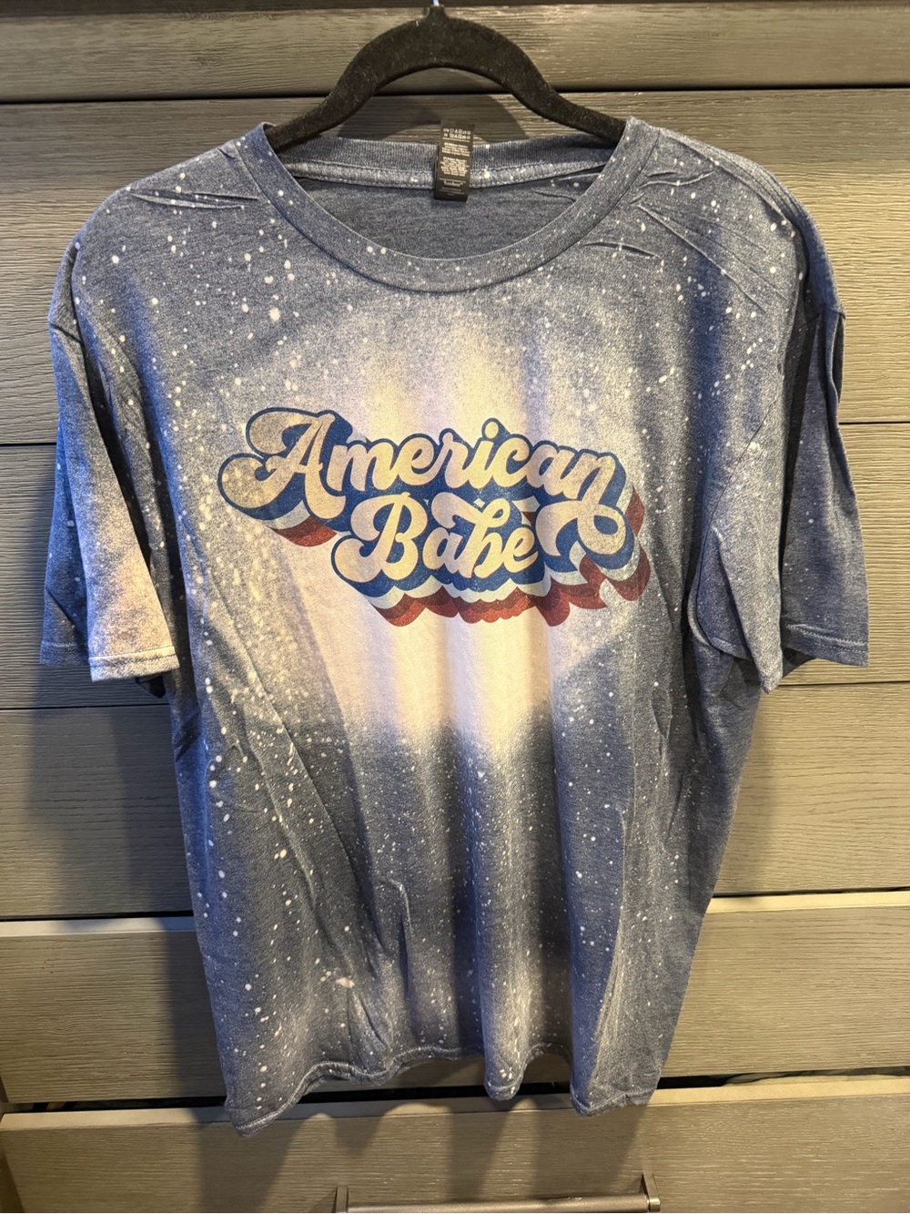 Gildan Lightweight Blue Bleach-Splattered T-Shirt American Babe Graphic EUC XL